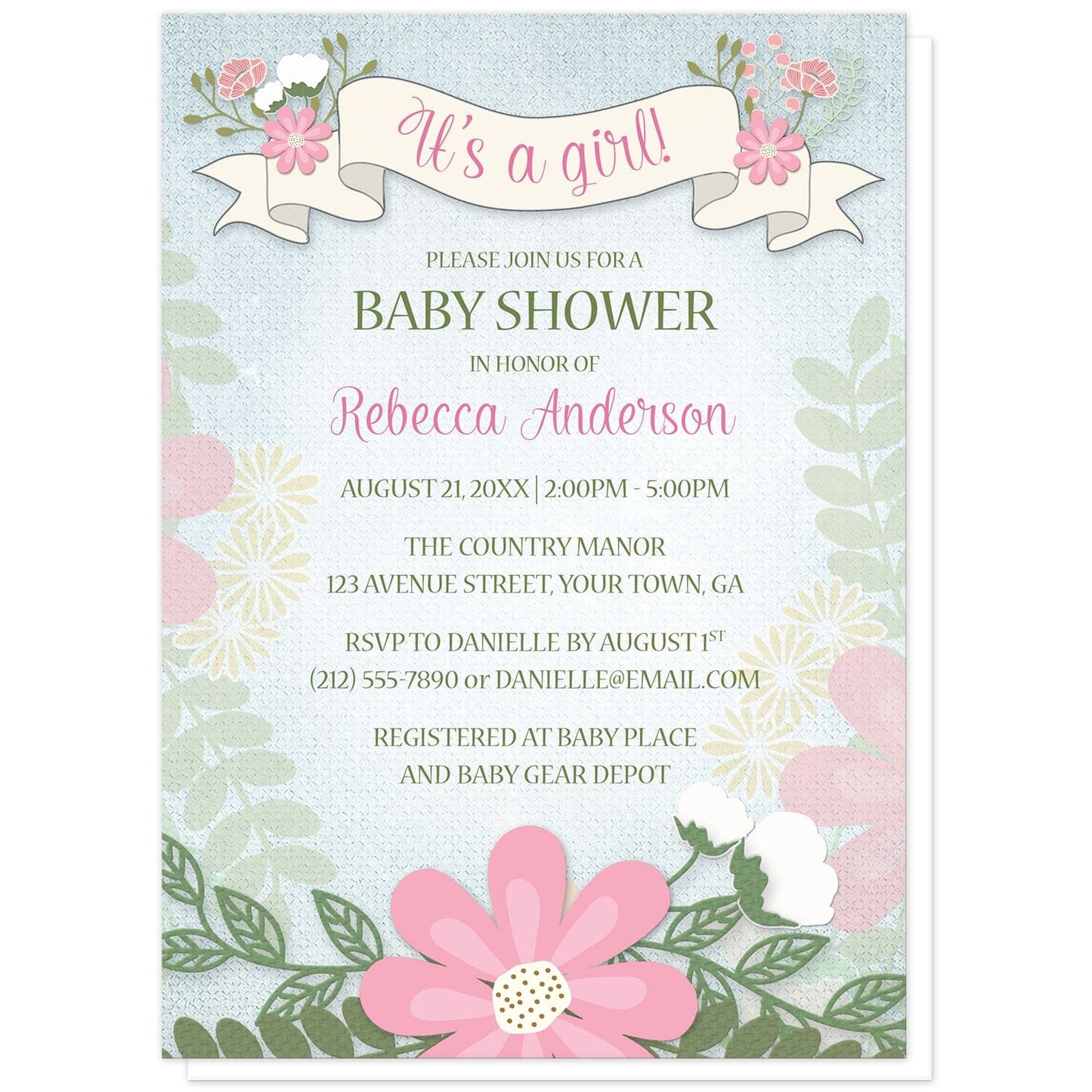 Rustic Floral Southern Girl Baby Shower Invitations at Artistically Invited. Rustic floral southern girl baby shower invitations with a flowing floral banner design at the top with "It's a girl!" in pink on the banner. Your personalized baby shower celebration details are arranged in pink and green over a light blue rustic background with watercolor flowers lightly illustrated on the sides, and a simple floral arrangement along the bottom.