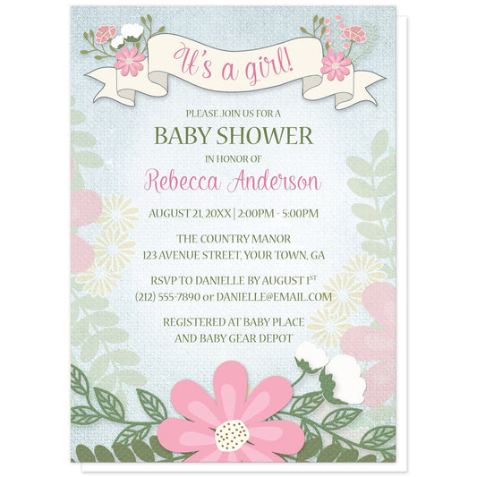 Rustic Floral Southern Girl Baby Shower Invitations at Artistically Invited. Rustic floral southern girl baby shower invitations with a flowing floral banner design at the top with "It's a girl!" in pink on the banner. Your personalized baby shower celebration details are arranged in pink and green over a light blue rustic background with watercolor flowers lightly illustrated on the sides, and a simple floral arrangement along the bottom.