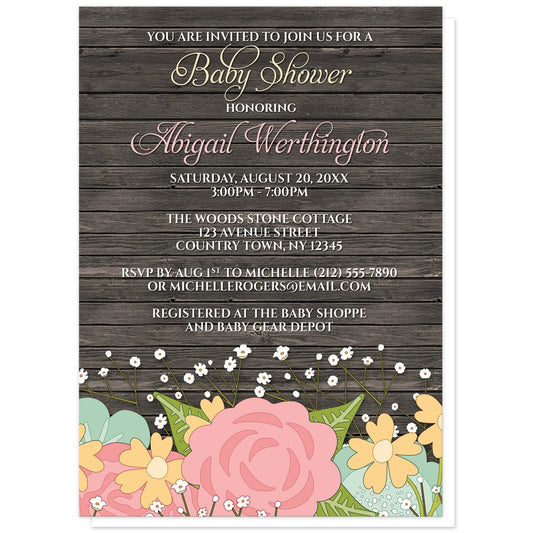 Rustic Floral Wood Baby's Breath Baby Shower Invitations at Artistically Invited. Rustic floral wood baby's breath baby shower invitations with a pink and teal floral theme featuring orange flowers, green leaves, and baby's breath along the bottom over a dark brown rustic wood pattern illustration. Your personalized baby shower celebration details are arranged in yellow, pink, and white over the brown wood above the pretty flowers.
