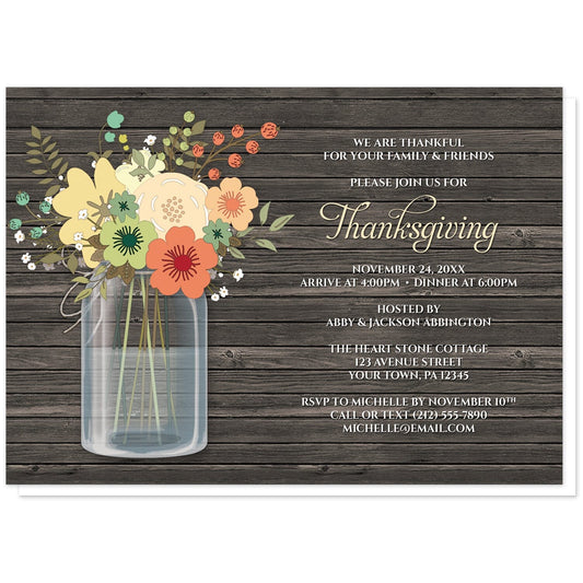 Rustic Floral Wood Mason Jar Thanksgiving Invitations at Artistically Invited. Rustic floral wood mason jar Thanksgiving invitations with a pretty orange and teal floral mason jar theme with yellow, beige, and green accent flowers. Your personalized holiday celebration details are custom printed in beige, green, and white over a dark brown rustic wood pattern background next to the mason jar illustration, in both script and all-capital letters fonts.
