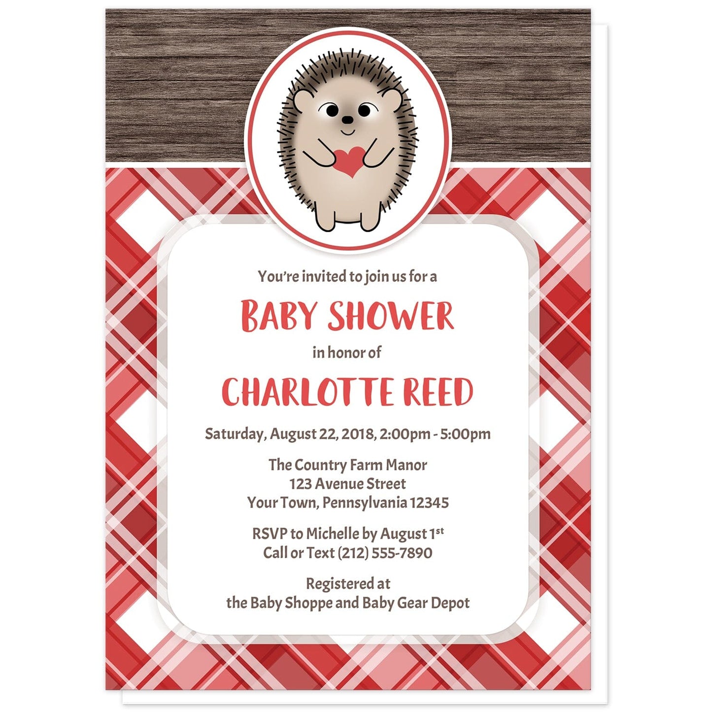 Rustic Hedgehog Heart Red Plaid Baby Shower Invitations at Artistically Invited. Adorable rustic hedgehog heart red plaid baby shower invitations that are illustrated with a cute and smiling hedgehog in a white and red oval over a rustic brown wood background along the top and a red plaid pattern background on the bottom. Your personalized baby shower celebration details are arranged in red and brown in a white rectangular area over the red plaid pattern.