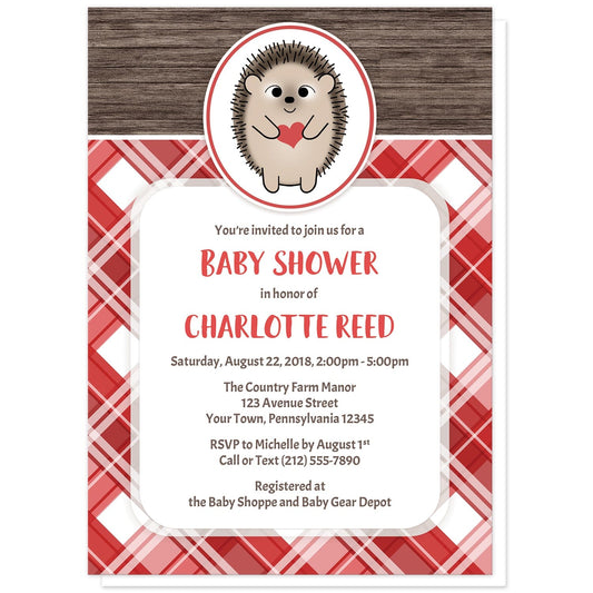 Rustic Hedgehog Heart Red Plaid Baby Shower Invitations at Artistically Invited. Adorable rustic hedgehog heart red plaid baby shower invitations that are illustrated with a cute and smiling hedgehog in a white and red oval over a rustic brown wood background along the top and a red plaid pattern background on the bottom. Your personalized baby shower celebration details are arranged in red and brown in a white rectangular area over the red plaid pattern.