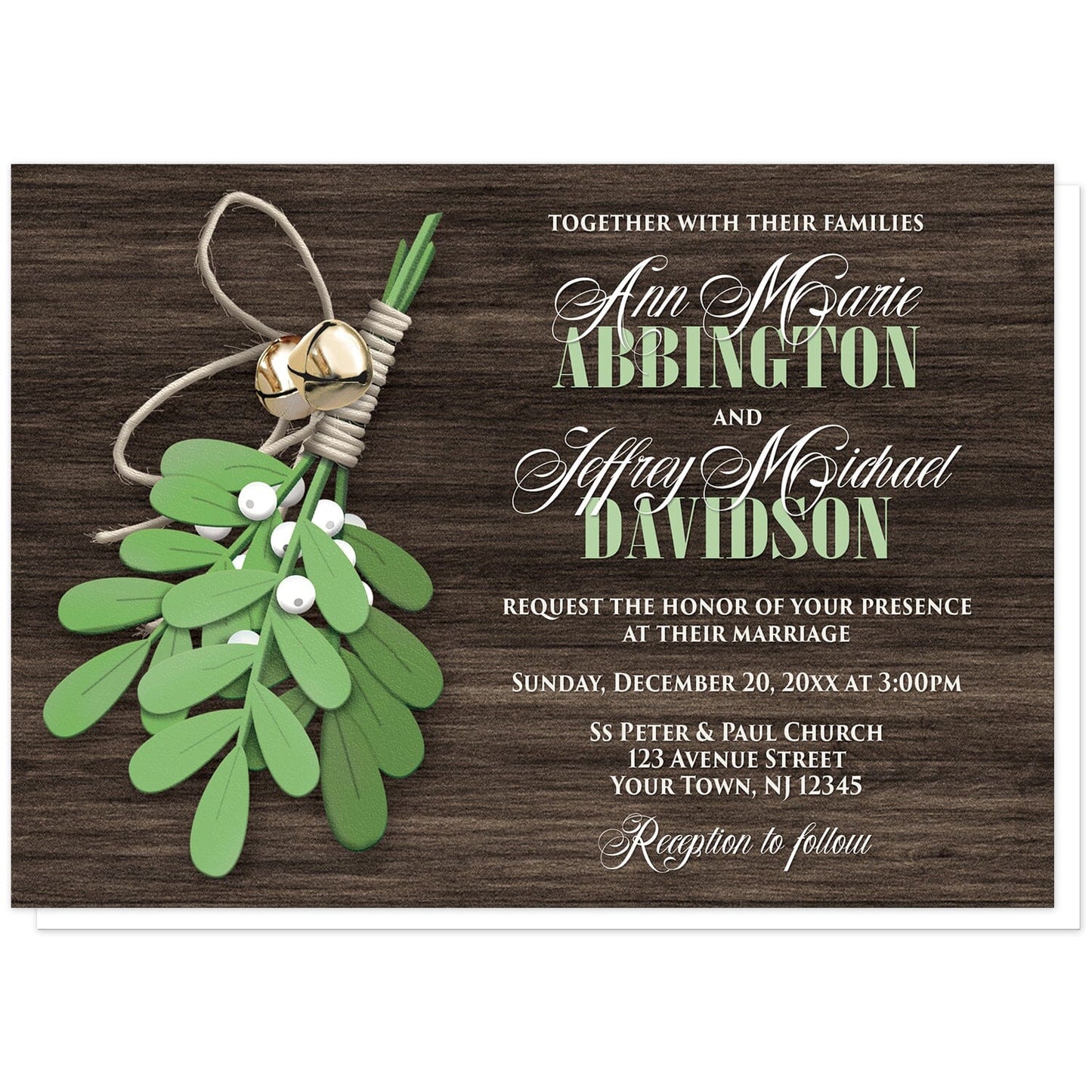 Rustic Mistletoe and Wood Wedding Invitations at Artistically Invited. Country-inspired rustic mistletoe and wood wedding invitations with an illustrated mistletoe plant tied together with twine and jingle bells over a dark brown wood background. Your personalized marriage celebration details are arranged in white and green over the wood design to the right of the mistletoe.