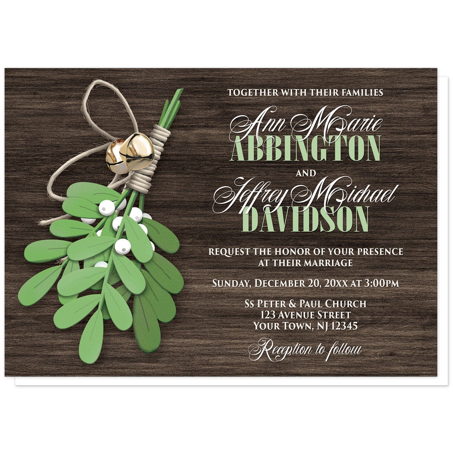 Rustic Mistletoe and Wood Wedding Invitations at Artistically Invited. Country-inspired rustic mistletoe and wood wedding invitations with an illustrated mistletoe plant tied together with twine and jingle bells over a dark brown wood background. Your personalized marriage celebration details are arranged in white and green over the wood design to the right of the mistletoe.