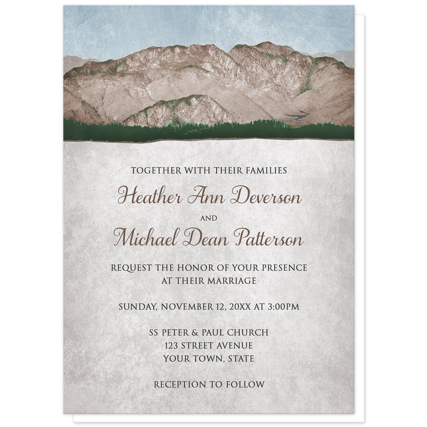 Rustic Mountain Scene Wedding Invitations at Artistically Invited. Mid-West country-inspired rustic mountain scene wedding invitations with a rough mountain landscape illustration over a faded vintage light blue sky along the top. Your personalized marriage celebration details are arranged over a rustic light parchment illustration.
