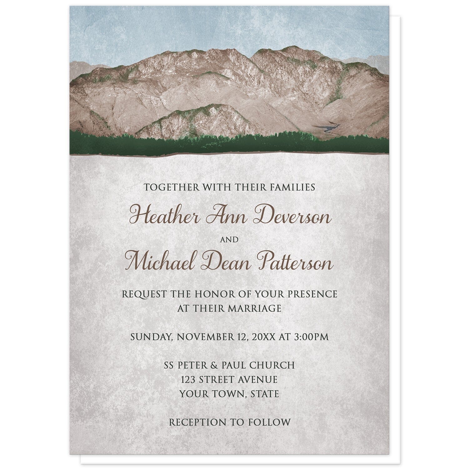 Rustic Mountain Scene Wedding Invitations at Artistically Invited. Mid-West country-inspired rustic mountain scene wedding invitations with a rough mountain landscape illustration over a faded vintage light blue sky along the top. Your personalized marriage celebration details are arranged over a rustic light parchment illustration.