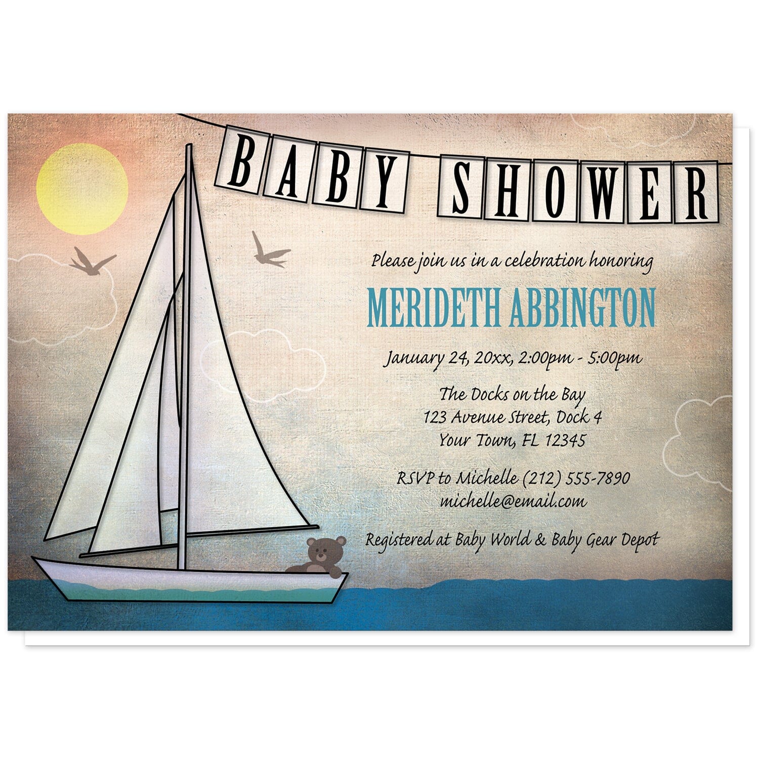 Rustic Nautical Sailboat Baby Shower Invitations at Artistically Invited. Rustic nautical sailboat baby shower invitations featuring an illustration of a sailboat on the water with a teddy bear passenger. A "BABY SHOWER" banner streams along the top above your personalized baby shower celebration details. The honoree's name is printed in a blue capital-letters only font while the rest of your shower details are arranged in a black handwriting font over a rustic canvas background design.