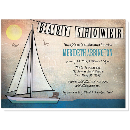 Rustic Nautical Sailboat Baby Shower Invitations at Artistically Invited. Rustic nautical sailboat baby shower invitations featuring an illustration of a sailboat on the water with a teddy bear passenger. A "BABY SHOWER" banner streams along the top above your personalized baby shower celebration details. The honoree's name is printed in a blue capital-letters only font while the rest of your shower details are arranged in a black handwriting font over a rustic canvas background design.