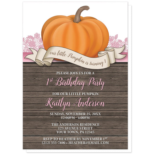 Rustic Orange Pink Pumpkin 1st Birthday Invitations at Artistically Invited. Invites with an illustration of an orange pumpkin over wood and ribbon banner that reads: "our little pumpkin is turning 1". This cute pumpkin drawing is set on a horizontal pink stripe with pink lace behind it. The personalized party information you provide will be arranged in pink and white over a country brown wood background illustration below the pumpkin.