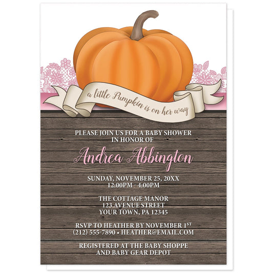Rustic Orange Pink Pumpkin Baby Shower Invitations at Artistically Invited. Rustic orange pink pumpkin baby shower invitations with an illustration of an orange pumpkin over wood and a beige ribbon banner that reads: "a little pumpkin is on her way". This cute pumpkin drawing is set on a horizontal pink stripe with pink lace. The personalized baby shower celebration details you provide will be arranged in pink and white over a country brown wood background illustration below the pumpkin.