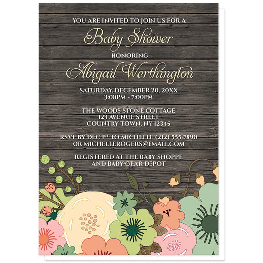 Rustic Orange Teal Floral Wood Baby Shower Invitations at Artistically Invited. Rustic orange teal floral wood baby shower invitations designed with a southern country orange, beige, and teal floral theme with pink and green accent flowers. This floral illustration is printed along the bottom of the invitations over a dark brown rustic wood pattern background. Your personalized baby shower celebration details are arranged in beige and white over the wood design above the flowers.