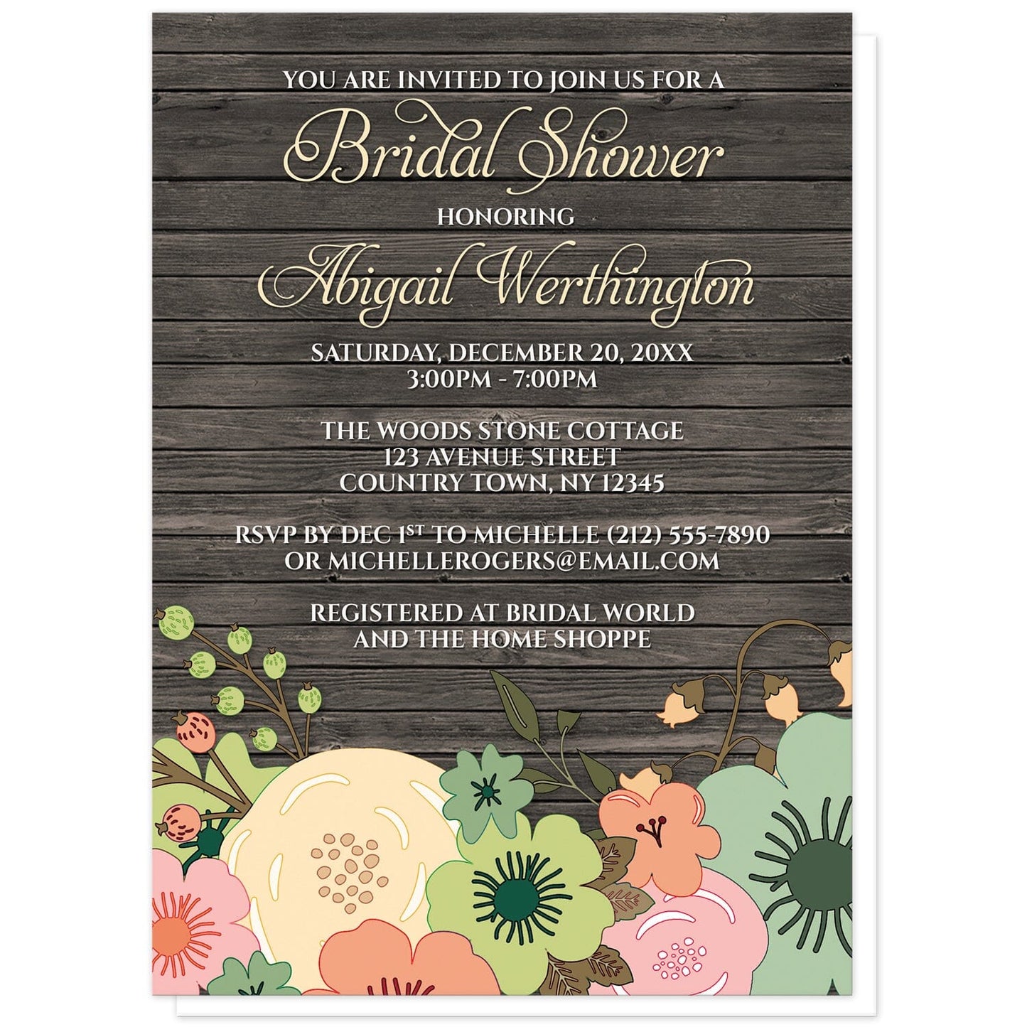 Rustic Orange Teal Floral Wood Bridal Shower Invitations at Artistically Invited. Rustic orange teal floral wood bridal shower invitations designed with a southern country orange, beige, and teal floral theme with pink and green accent flowers. This floral illustration is printed along the bottom of the invitations over a dark brown rustic wood pattern background. Your personalized bridal shower celebration details are arranged in beige and white over the wood design above the flowers.