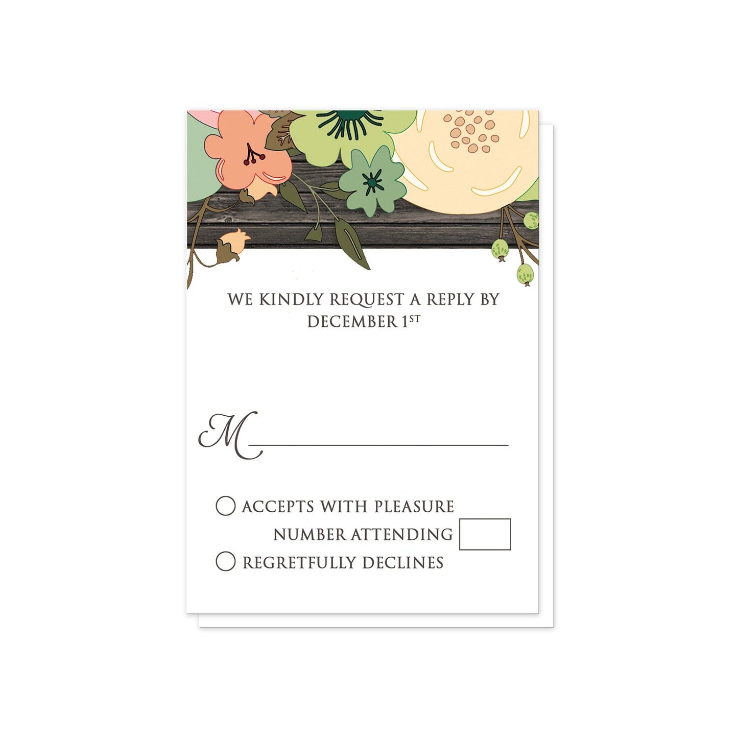Rustic Orange Teal Floral Wood RSVP Cards at Artistically Invited.