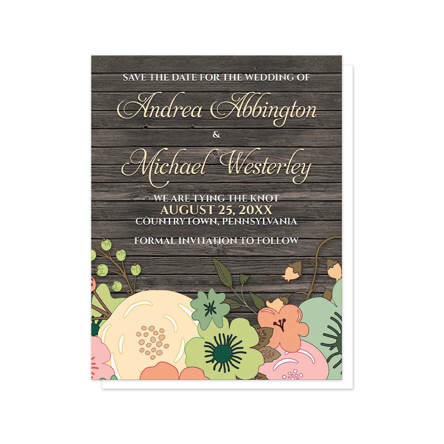 Rustic Orange Teal Floral Wood Save the Date Cards at Artistically Invited. Rustic orange teal floral wood save the date cards designed with a southern country orange, beige, and teal floral theme with pink and green accent flowers. This floral illustration is printed along the bottom of the cards over a dark brown rustic wood pattern background. Your personalized wedding date details are arranged in beige and white over the wood design above the flowers.