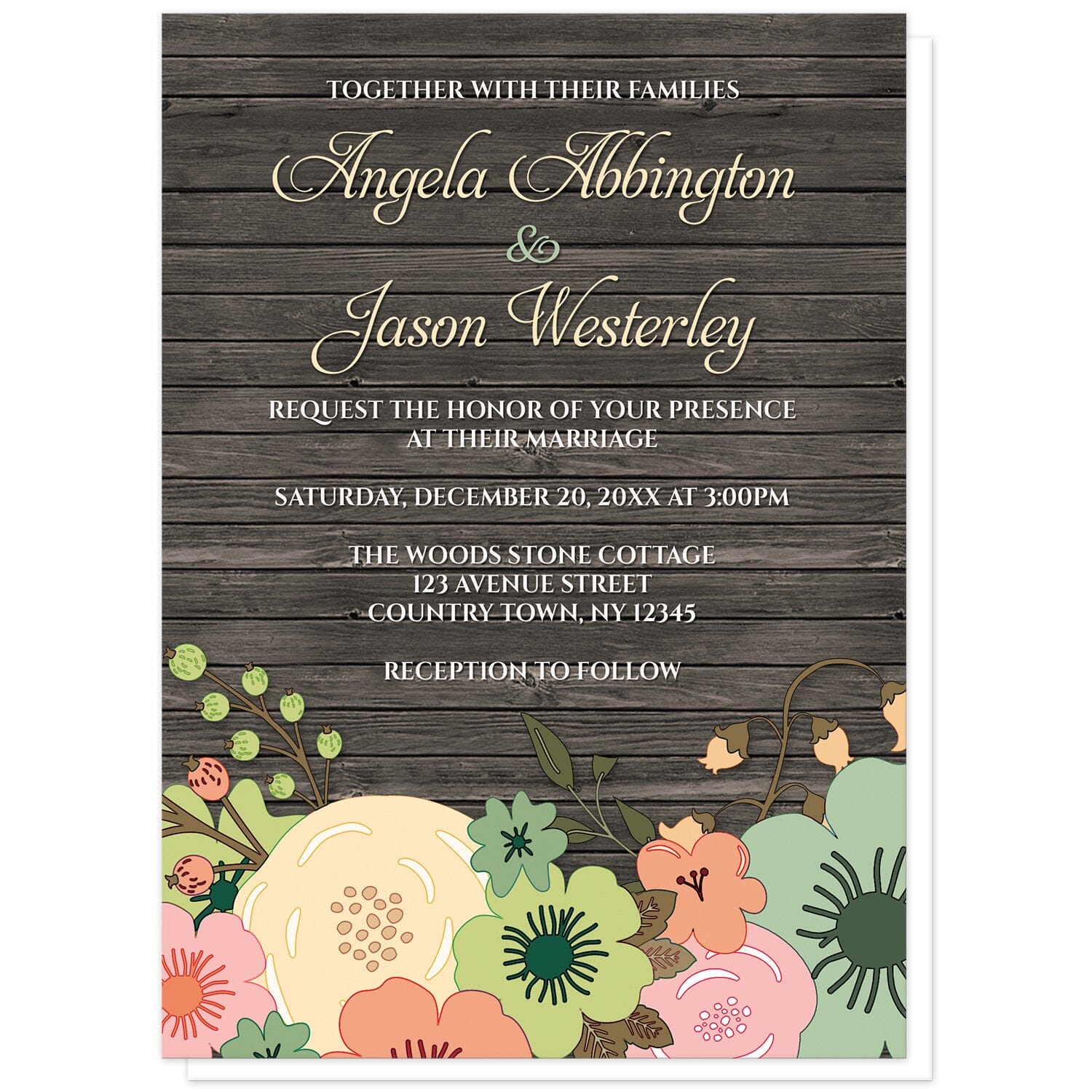 Rustic Orange Teal Floral Wood Wedding Invitations at Artistically Invited. Rustic orange teal floral wood wedding invitations designed with a southern country orange, beige, and teal floral theme with pink and green accent flowers. This floral illustration is placed along the bottom of the invitations over a dark brown rustic wood pattern background. Your personalized marriage celebration details are arranged in beige and white over the wood design above the flowers.