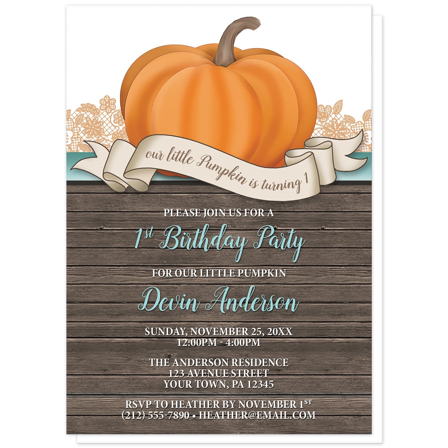 Rustic Orange Teal Pumpkin 1st Birthday Invitations at Artistically Invited. Rustic orange teal pumpkin 1st birthday invitations with an illustration of an orange pumpkin over wood and ribbon banner that reads: "our little pumpkin is turning 1". This cute pumpkin drawing is set on a horizontal teal stripe with orange lace behind it. The personalized party information you provide will be arranged in teal and white over a country brown wood background illustration below the pumpkin.