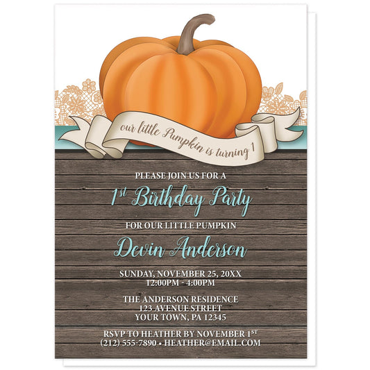 Rustic Orange Teal Pumpkin 1st Birthday Invitations at Artistically Invited. Rustic orange teal pumpkin 1st birthday invitations with an illustration of an orange pumpkin over wood and ribbon banner that reads: "our little pumpkin is turning 1". This cute pumpkin drawing is set on a horizontal teal stripe with orange lace behind it. The personalized party information you provide will be arranged in teal and white over a country brown wood background illustration below the pumpkin.
