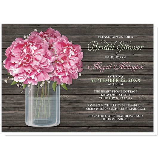 Rustic Peony Wood Mason Jar Bridal Shower Invitations at Artistically Invited. Southern-inspired rustic peony wood mason jar bridal shower invitations designed with a pretty pink floral mason jar theme featuring big pink peony flowers and small accents of baby's breath and green leaves in a glass mason jar illustration. Your personalized bridal shower celebration details are arranged in white, pink, and light green over a dark brown wood background to the right of the mason jar.