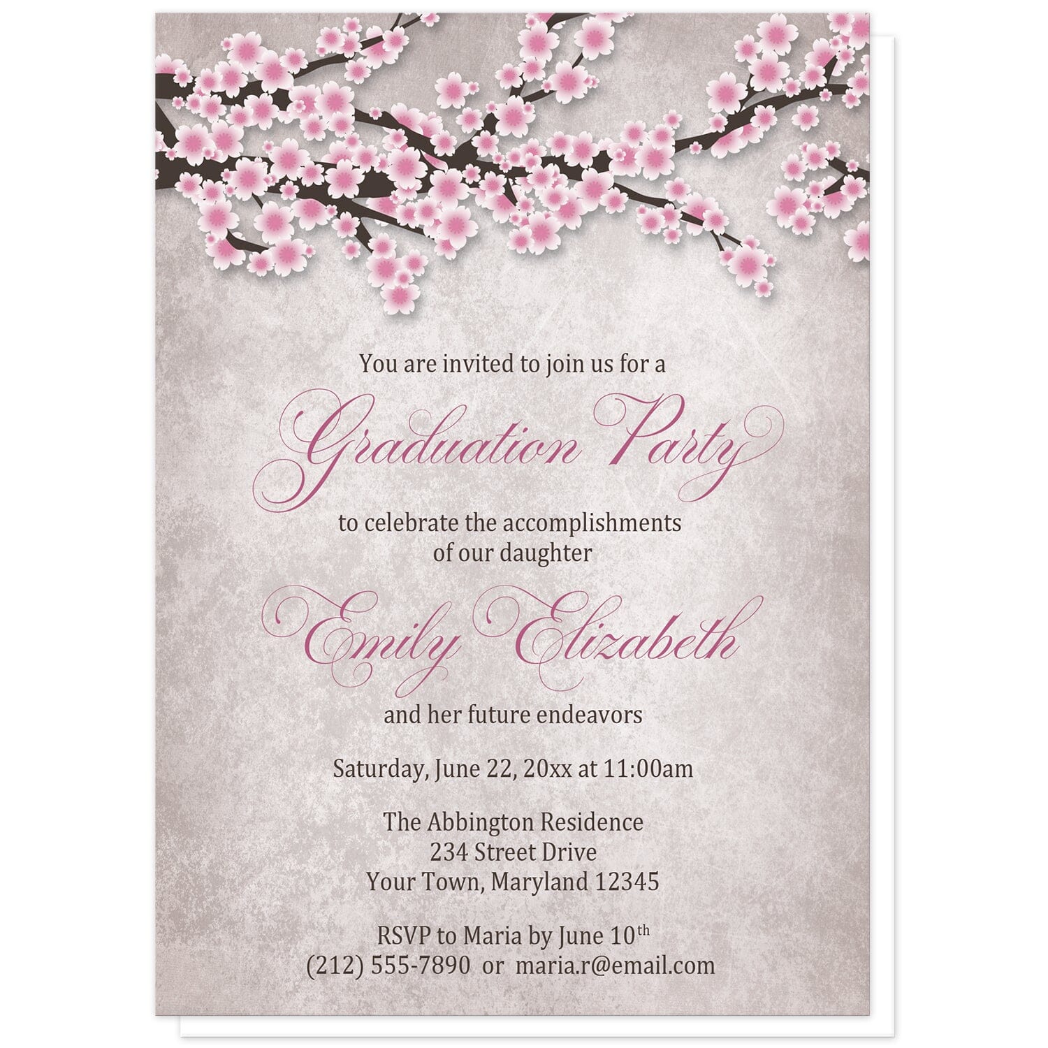 Rustic Pink Cherry Blossom Graduation Invitations at Artistically Invited. Rustic pink cherry blossom graduation invitations featuring an illustration of pink and white with dark brown cherry blossom branches along the top. Your personalized graduation party details are custom printed in pink and dark brown over a stony grayish brown background below the pretty cherry blossom branches.