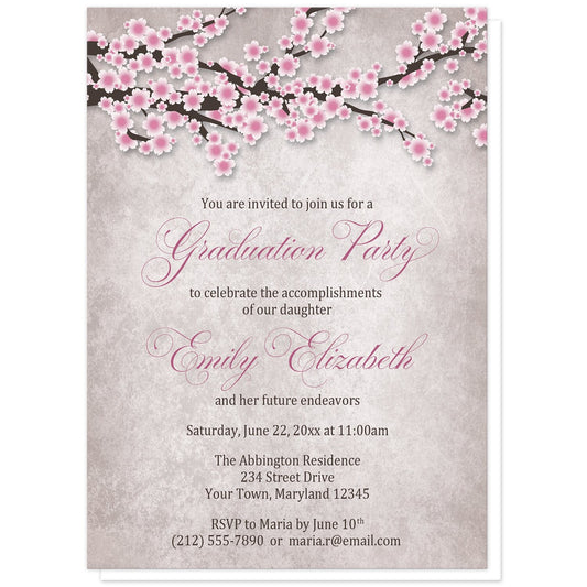 Rustic Pink Cherry Blossom Graduation Invitations at Artistically Invited. Rustic pink cherry blossom graduation invitations featuring an illustration of pink and white with dark brown cherry blossom branches along the top. Your personalized graduation party details are custom printed in pink and dark brown over a stony grayish brown background below the pretty cherry blossom branches.