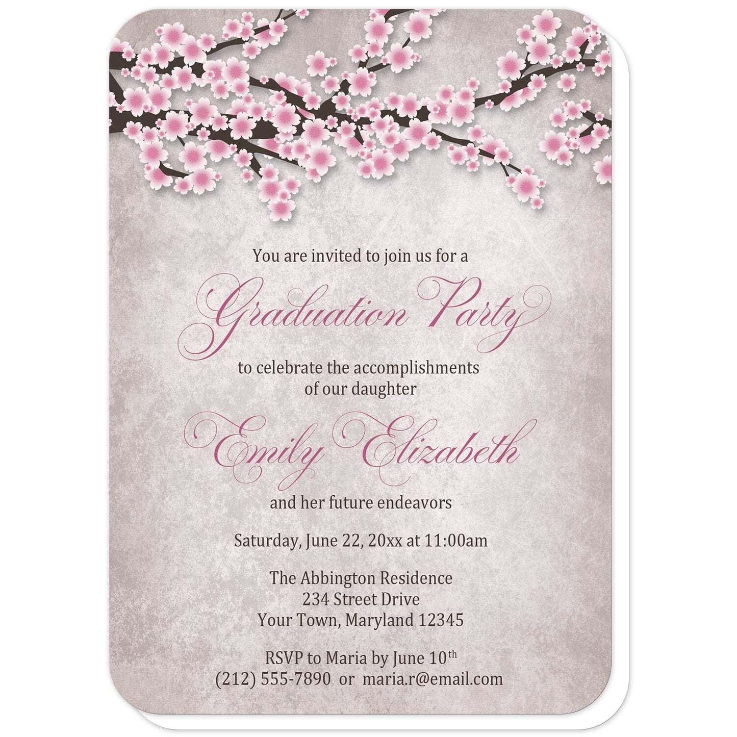 Rustic Pink Cherry Blossom Graduation Invitations (with rounded corners) at Artistically Invited. Rustic pink cherry blossom graduation invitations featuring an illustration of pink and white with dark brown cherry blossom branches along the top. Your personalized graduation party details are custom printed in pink and dark brown over a stony grayish brown background below the pretty cherry blossom branches.