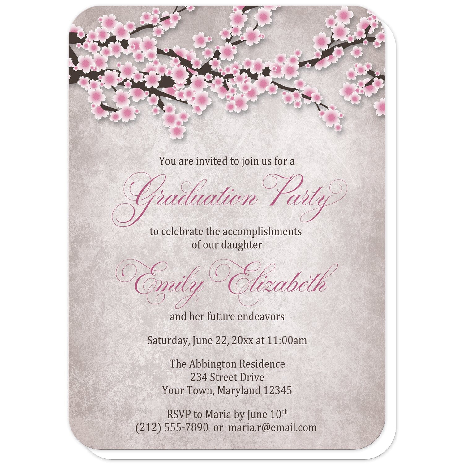Rustic Pink Cherry Blossom Graduation Invitations (with rounded corners) at Artistically Invited. Rustic pink cherry blossom graduation invitations featuring an illustration of pink and white with dark brown cherry blossom branches along the top. Your personalized graduation party details are custom printed in pink and dark brown over a stony grayish brown background below the pretty cherry blossom branches.