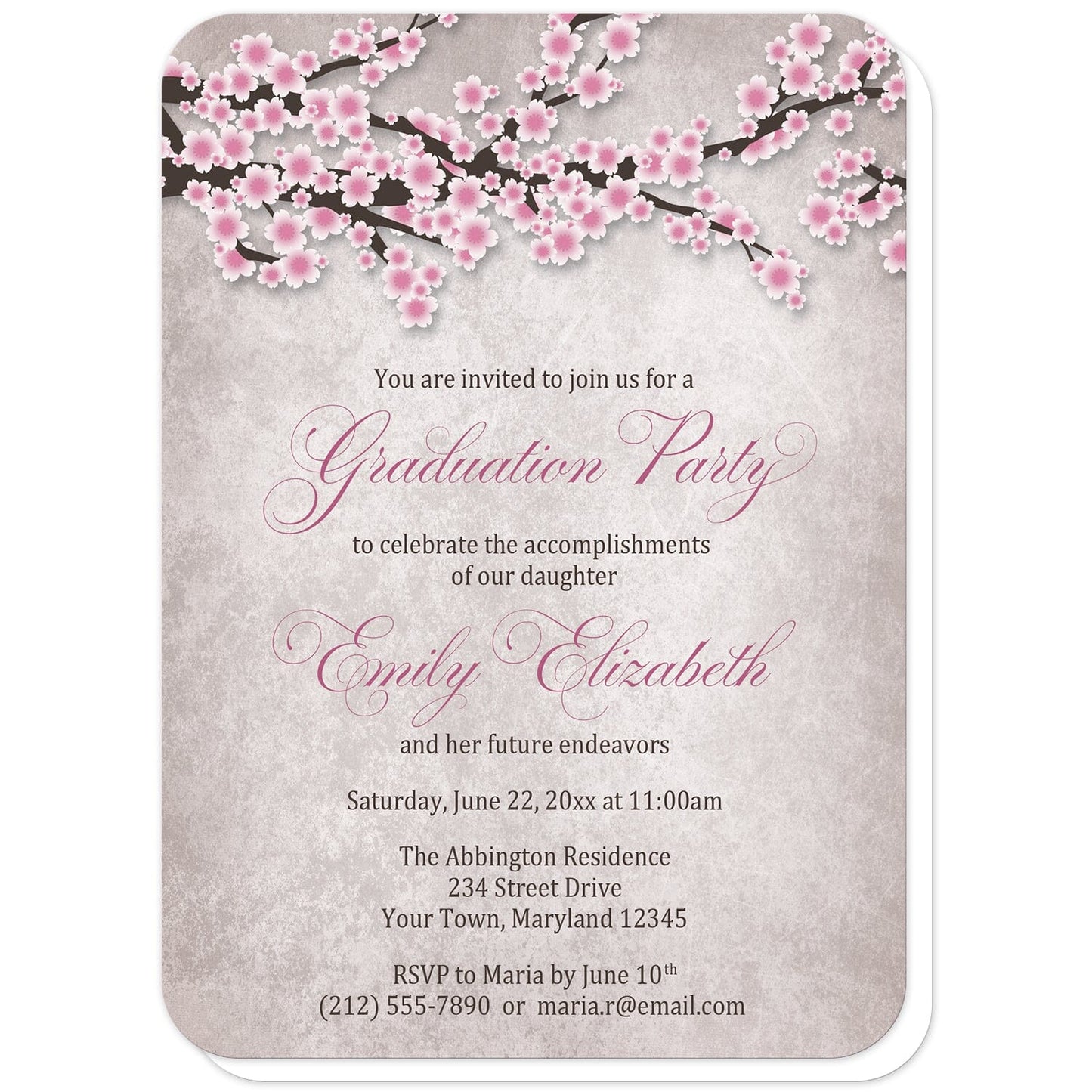 Rustic Pink Cherry Blossom Graduation Invitations (with rounded corners) at Artistically Invited. Rustic pink cherry blossom graduation invitations featuring an illustration of pink and white with dark brown cherry blossom branches along the top. Your personalized graduation party details are custom printed in pink and dark brown over a stony grayish brown background below the pretty cherry blossom branches. 