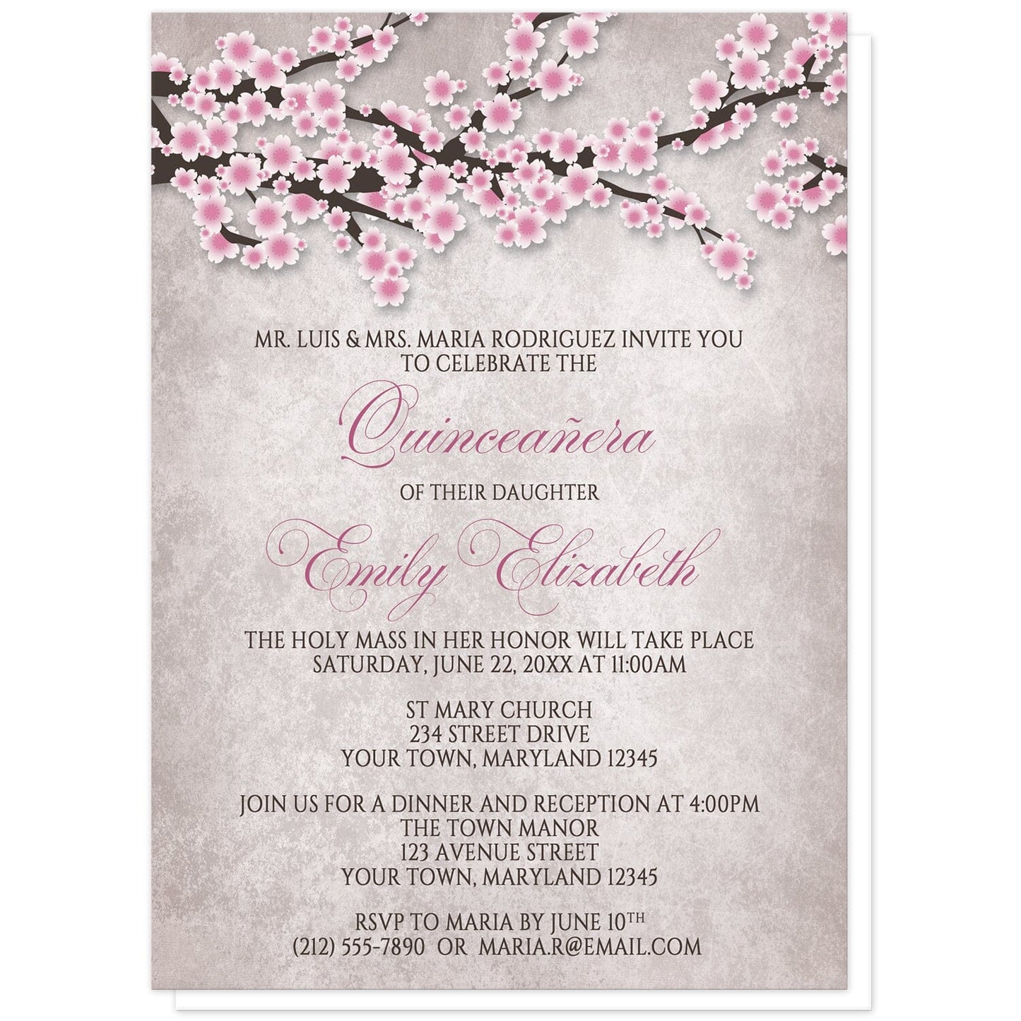 Rustic Pink Cherry Blossom Quinceañera Invitations at Artistically Invited. Rustic pink cherry blossom Quinceañera invitations featuring an illustration of pink and white with dark brown cherry blossom branches along the top. Your personalized 15th birthday party details are arranged in pink and dark brown over a stony grayish brown background below the pretty cherry blossom branches.