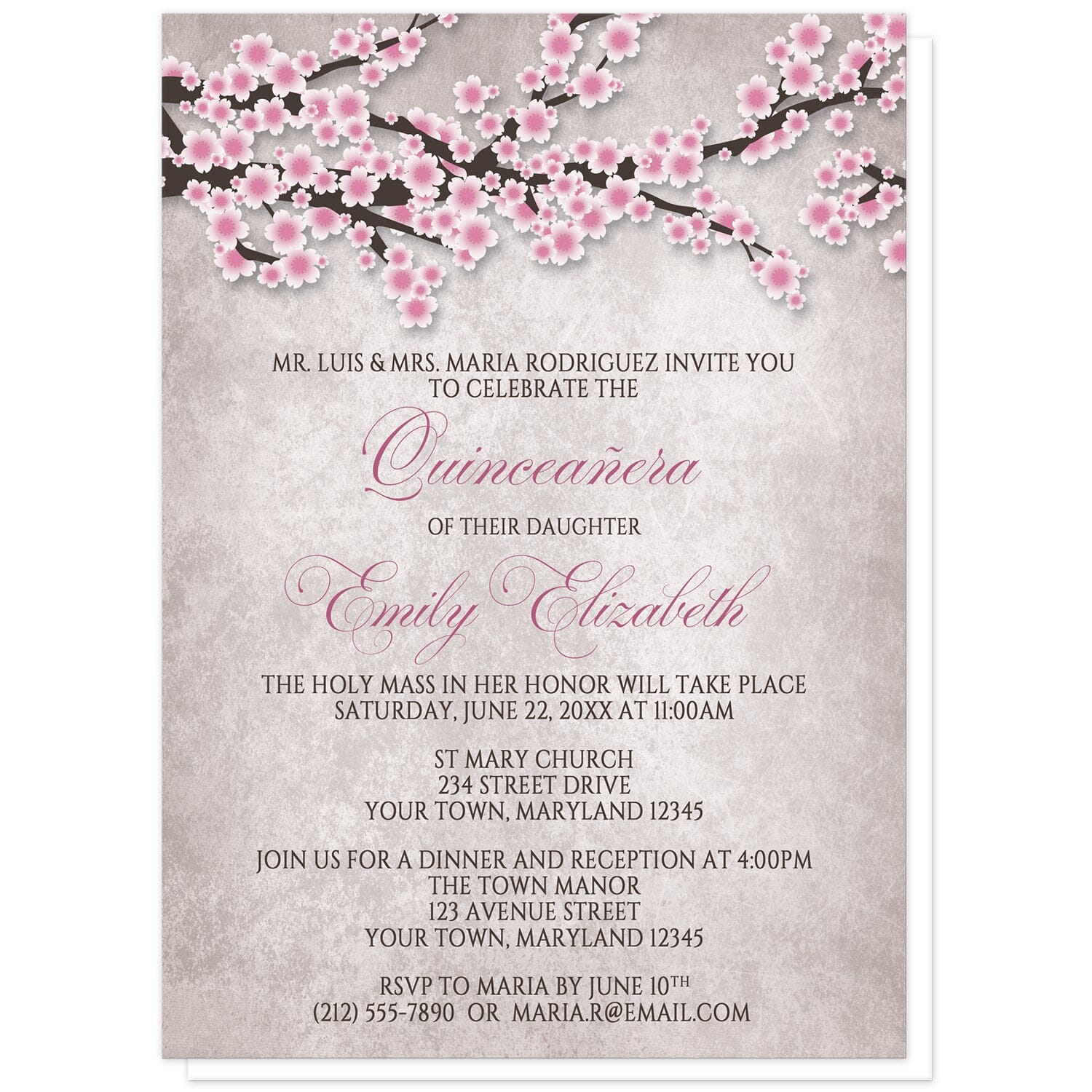 Rustic Pink Cherry Blossom Quinceañera Invitations at Artistically Invited. Rustic pink cherry blossom Quinceañera invitations featuring an illustration of pink and white with dark brown cherry blossom branches along the top. Your personalized 15th birthday party details are arranged in pink and dark brown over a stony grayish brown background below the pretty cherry blossom branches.