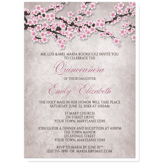 Rustic Pink Cherry Blossom Quinceañera Invitations at Artistically Invited. Rustic pink cherry blossom Quinceañera invitations featuring an illustration of pink and white with dark brown cherry blossom branches along the top. Your personalized 15th birthday party details are arranged in pink and dark brown over a stony grayish brown background below the pretty cherry blossom branches.