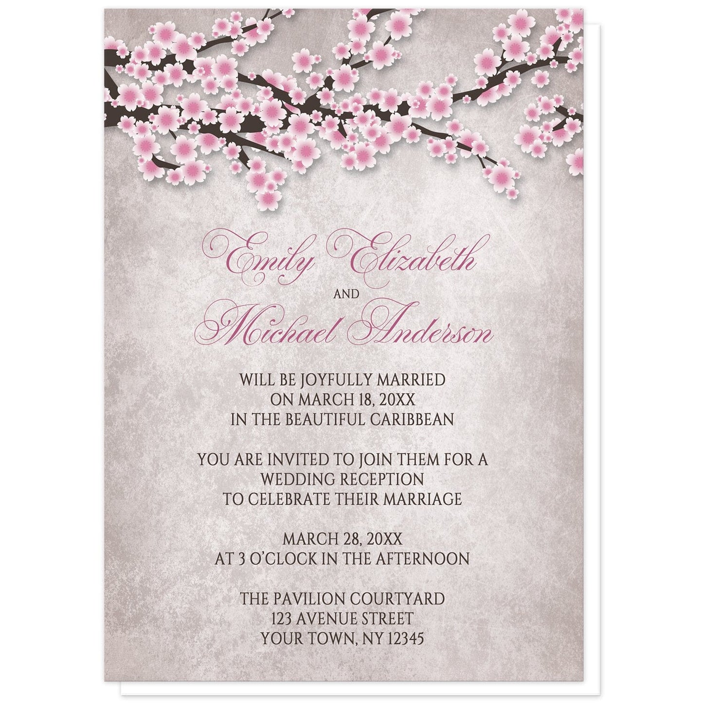 Rustic Pink Cherry Blossom Reception Only Invitations at Artistically Invited. Rustic pink cherry blossom reception only invitations featuring an illustration of pink and white with dark brown cherry blossom branches along the top. Your personalized post-wedding reception details are custom printed in pink and dark brown over a stony grayish brown background below the pretty cherry blossom branches.