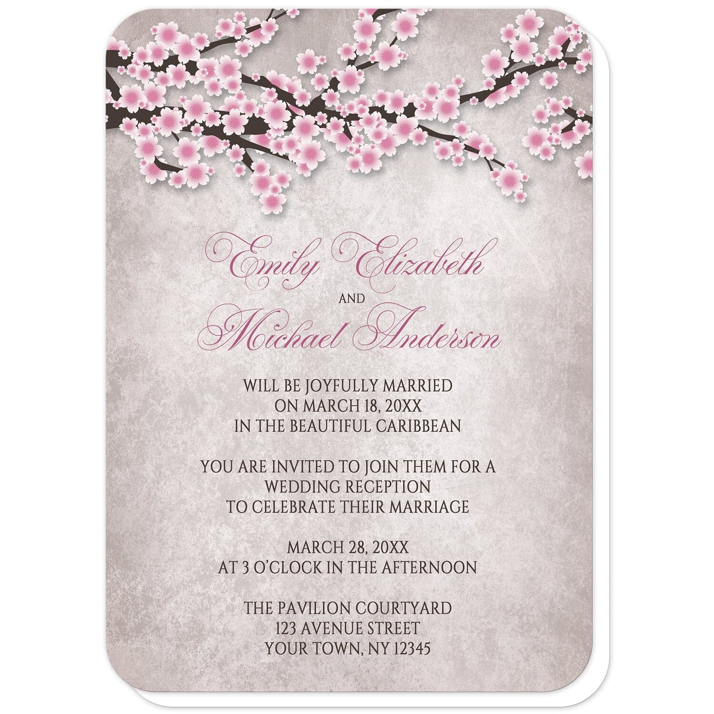 Rustic Pink Cherry Blossom Reception Only Invitations (with rounded corners) at Artistically Invited. Rustic pink cherry blossom reception only invitations featuring an illustration of pink and white with dark brown cherry blossom branches along the top. Your personalized post-wedding reception details are custom printed in pink and dark brown over a stony grayish brown background below the pretty cherry blossom branches.