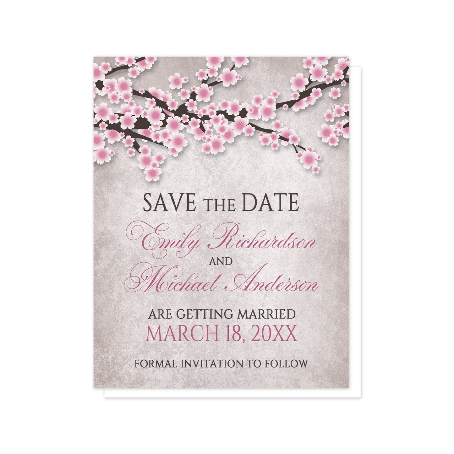 Rustic Pink Cherry Blossom Save the Date Cards at Artistically Invited. Rustic pink cherry blossom save the date cards featuring an illustration of pink and white with dark brown cherry blossom branches along the top. Your personalized wedding date details are arranged in pink and dark brown over a stony grayish brown background below the pretty cherry blossom branches.