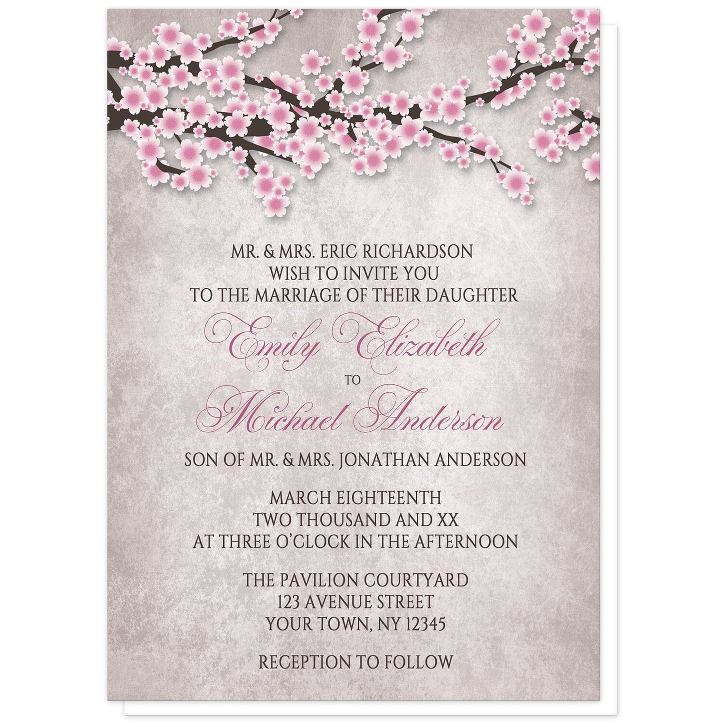 Rustic Pink Cherry Blossom Wedding Invitations at Artistically Invited. Rustic pink cherry blossom wedding invitations featuring an illustration of pink and white with dark brown cherry blossom branches along the top. Your personalized marriage celebration details are arranged in pink and dark brown over a stony grayish brown background below the pretty cherry blossom branches.