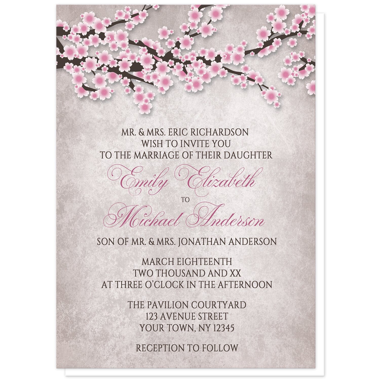 Rustic Pink Cherry Blossom Wedding Invitations at Artistically Invited. Rustic pink cherry blossom wedding invitations featuring an illustration of pink and white with dark brown cherry blossom branches along the top. Your personalized marriage celebration details are arranged in pink and dark brown over a stony grayish brown background below the pretty cherry blossom branches.