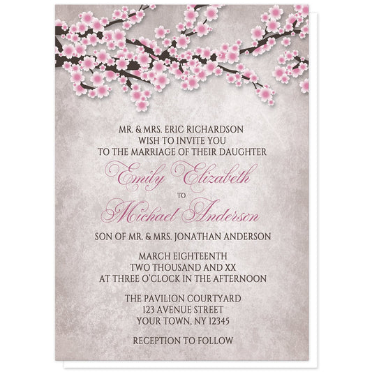 Rustic Pink Cherry Blossom Wedding Invitations at Artistically Invited. Rustic pink cherry blossom wedding invitations featuring an illustration of pink and white with dark brown cherry blossom branches along the top. Your personalized marriage celebration details are custom printed in pink and dark brown over a stony grayish brown background below the pretty cherry blossom branches.