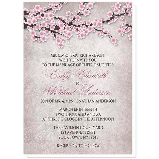 Rustic Pink Cherry Blossom Wedding Invitations at Artistically Invited. Rustic pink cherry blossom wedding invitations featuring an illustration of pink and white with dark brown cherry blossom branches along the top. Your personalized marriage celebration details are arranged in pink and dark brown over a stony grayish brown background below the pretty cherry blossom branches.