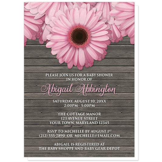 Rustic Pink Daisy Brown Wood Baby Shower Invitations at Artistically Invited. Rustic pink daisy brown wood baby shower invitations designed with large and lovely pink daisy flowers along the top over a country brown wood background illustration. Your personalized baby shower celebration details are arranged in pink and white over the wood background design below the pretty pink daisies.