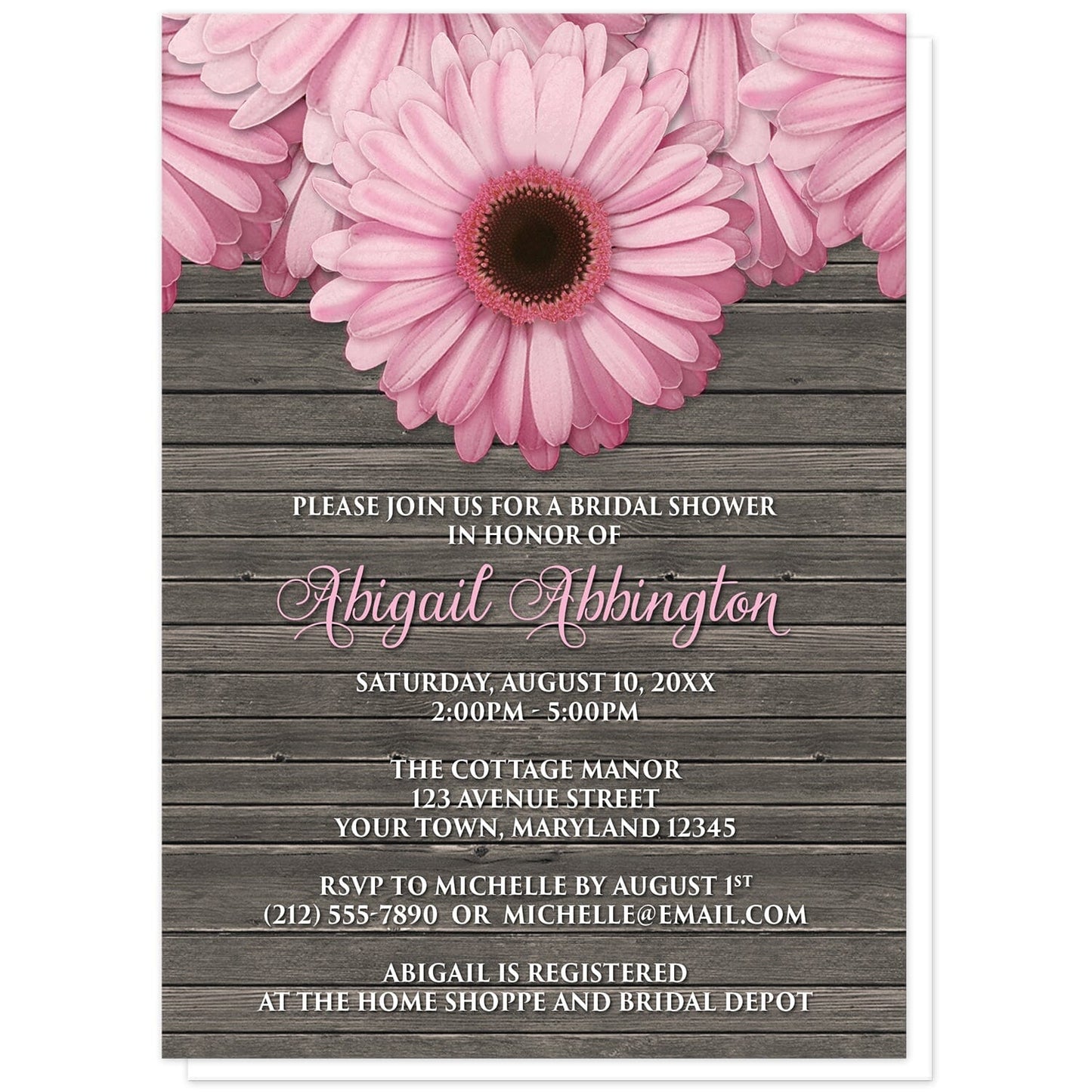Rustic Pink Daisy Brown Wood Bridal Shower Invitations at Artistically Invited. Rustic pink daisy brown wood bridal shower invitations designed with large and lovely pink daisy flowers along the top over a country brown wood background illustration. Your personalized bridal shower celebration details are arranged in pink and white over the wood background design below the pretty pink daisies.