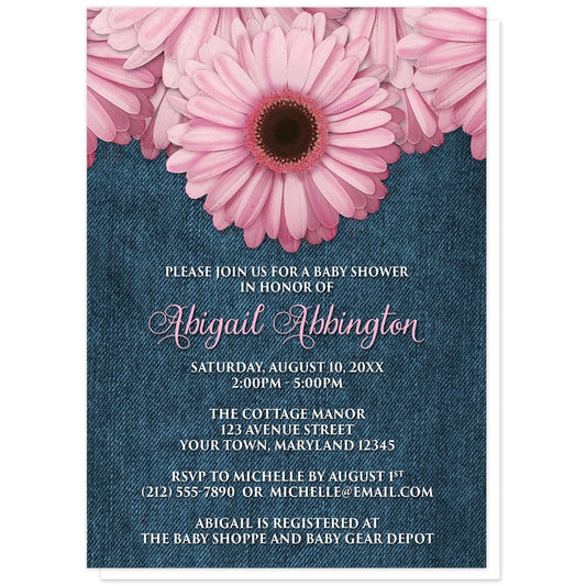 Rustic Pink Daisy and Denim Baby Shower Invitations at Artistically Invited. Rustic pink daisy and denim baby shower invitations designed with large and lovely pink daisy flowers along the top over a country blue denim background illustration. Your personalized baby shower celebration details are arranged in pink and white over the denim background design below the pretty pink daisies.