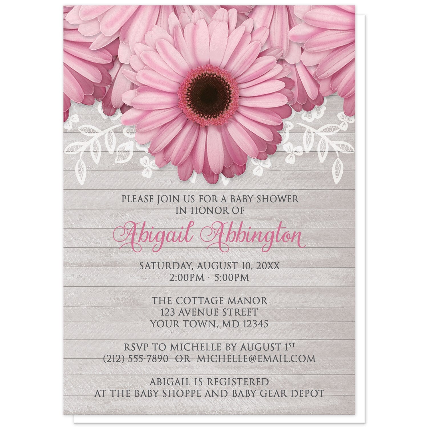 Rustic Pink Daisy Gray Wood Baby Shower Invitations at Artistically Invited. Rustic pink daisy gray wood baby shower invitations designed with large and lovely pink daisy flowers with a white lace overlay along the top over a light gray wood background illustration. Your personalized baby shower celebration details are arranged in pink and dark gray over the wood background design below the pretty pink daisies.