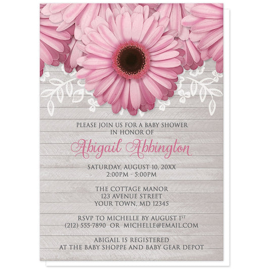 Rustic Pink Daisy Gray Wood Baby Shower Invitations at Artistically Invited. Rustic pink daisy gray wood baby shower invitations designed with large and lovely pink daisy flowers with a white lace overlay along the top over a light gray wood background illustration. Your personalized baby shower celebration details are arranged in pink and dark gray over the wood background design below the pretty pink daisies.