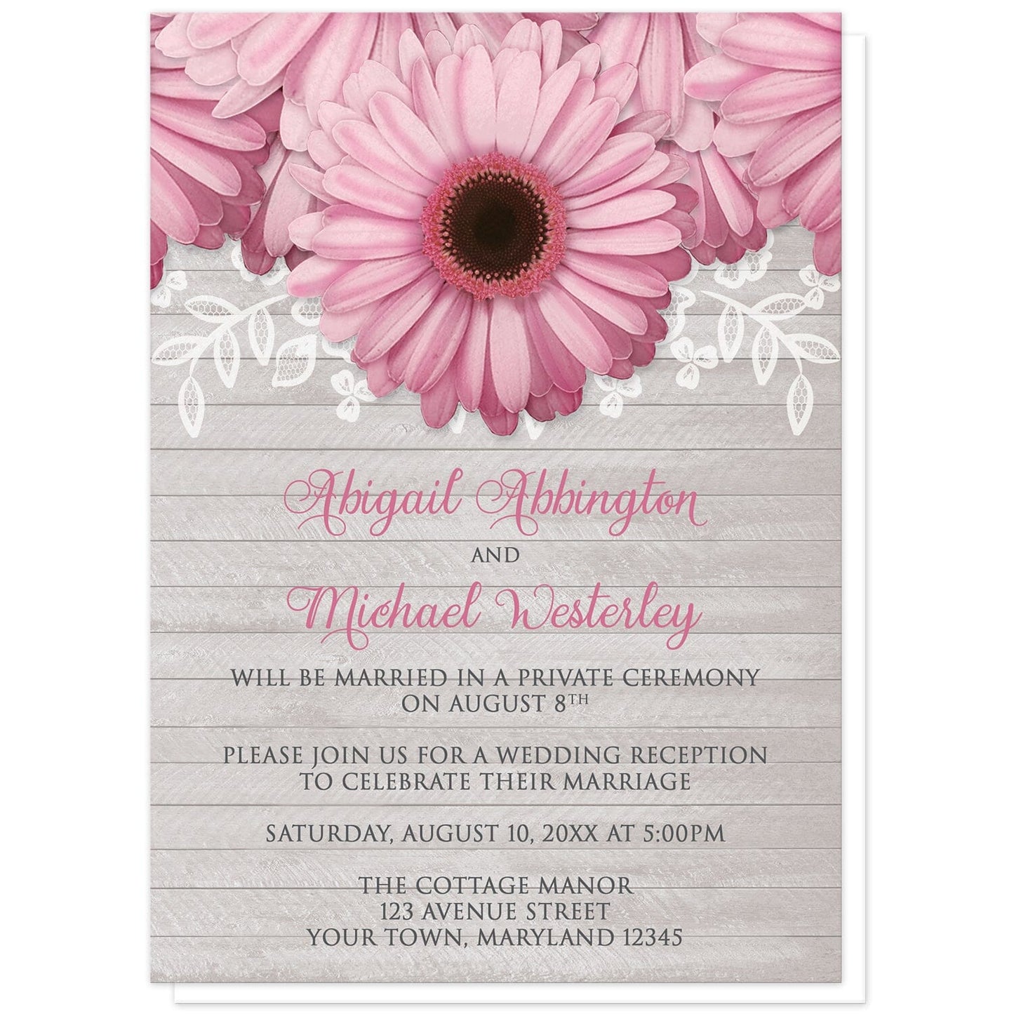Rustic Pink Daisy Gray Wood Reception Only Invitations at Artistically Invited. Rustic pink daisy gray wood reception only invitations designed with large and lovely pink daisy flowers with a white lace overlay along the top over a light gray wood background illustration. Your personalized post-wedding reception details are arranged in pink and dark gray over the wood background design below the pretty pink daisies.