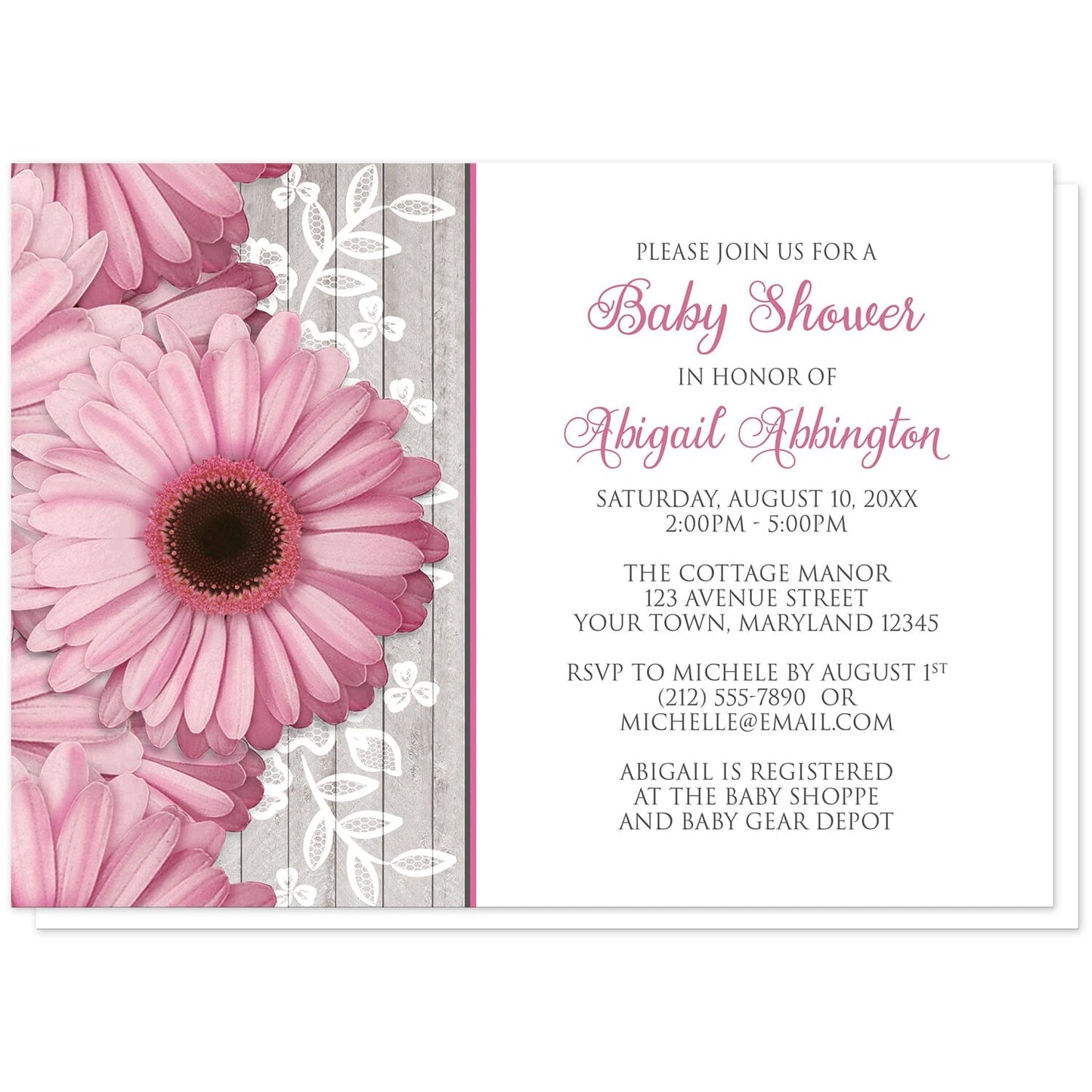 Rustic Pink Daisy Wood White Baby Shower Invitations at Artistically Invited. Rustic pink daisy wood white baby shower invitations designed with large and lovely pink daisy flowers with a white lace overlay over a light gray wood illustration along the left side. Your personalized baby shower celebration details are arranged in pink and gray over a white background to the right of the pretty pink daisies.