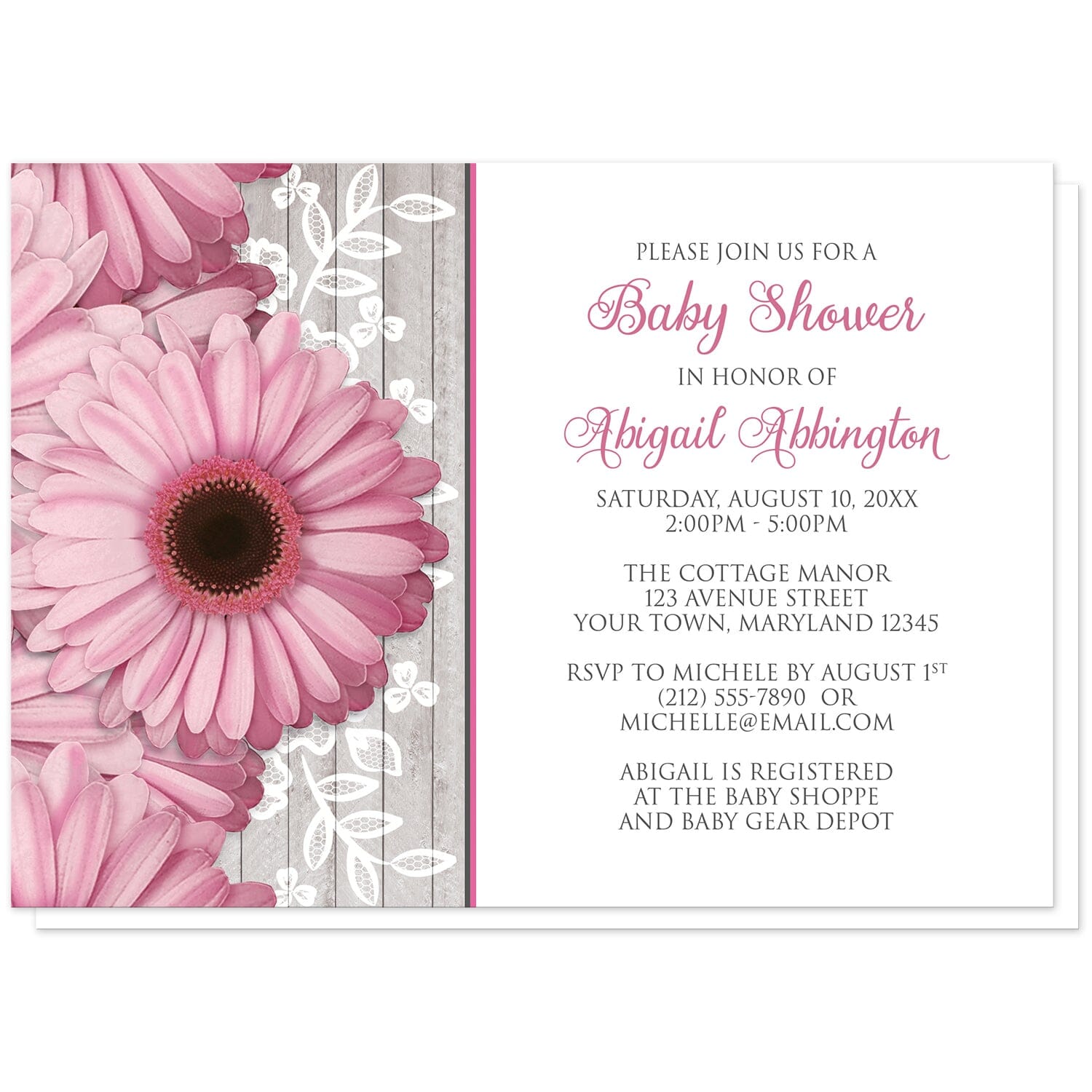 Rustic Pink Daisy Wood White Baby Shower Invitations at Artistically Invited. Rustic pink daisy wood white baby shower invitations designed with large and lovely pink daisy flowers with a white lace overlay over a light gray wood illustration along the left side. Your personalized baby shower celebration details are arranged in pink and gray over a white background to the right of the pretty pink daisies.