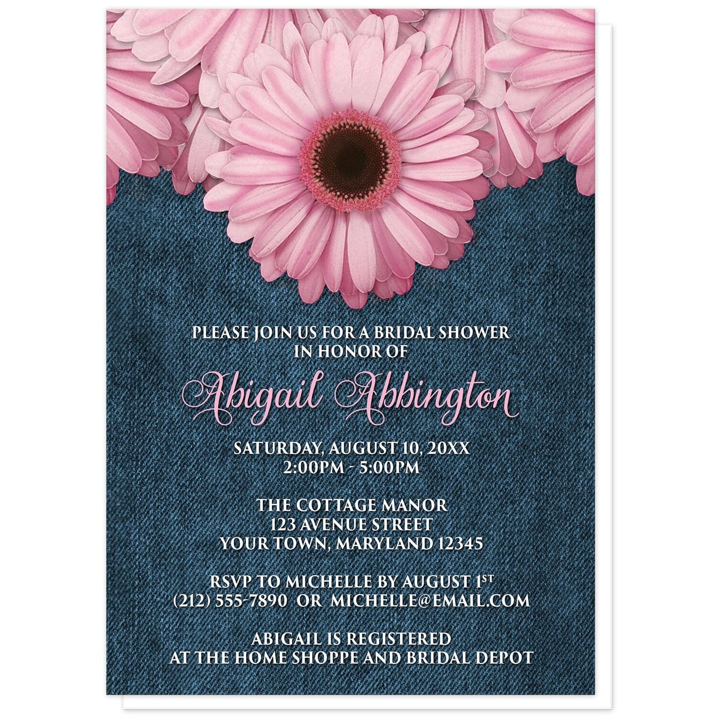 Rustic Pink Daisy and Denim Bridal Shower Invitations at Artistically Invited. Rustic pink daisy and denim bridal shower invitations designed with large and lovely pink daisy flowers along the top over a country blue denim background illustration. Your personalized bridal shower celebration details are arranged in pink and white over the denim background design below the pretty pink daisies.