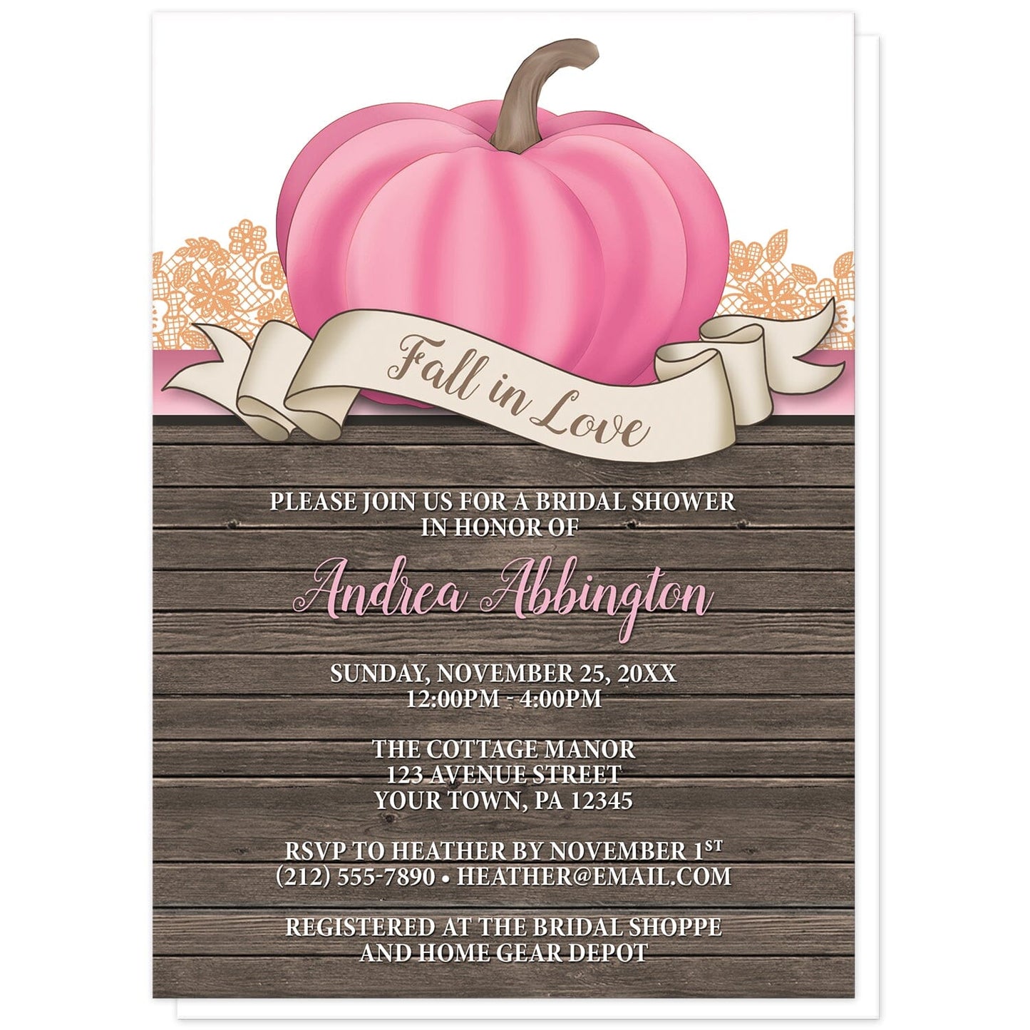 Rustic Pink Pumpkin Fall in Love Bridal Shower Invitations at Artistically Invited. Invites with an illustration of a large pink-colored pumpkin and a beige ribbon banner that reads: "Fall in Love". This unique pink pumpkin drawing stands on a horizontal pink stripe with orange lace behind it. The personalized bridal shower celebration details you provide will be arranged in pink and white over a rustic wood background illustration below the pink pumpkin.