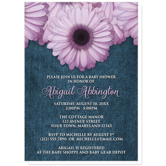 Rustic Purple Daisy Denim Baby Shower Invitations at Artistically Invited. Rustic purple daisy denim baby shower invitations designed with large and lovely purple daisy flowers along the top over a country blue denim illustration. Your personalized baby shower celebration details are arranged in a whimsical purple script font for the name and the remaining details are represented with an all-capital letters white font on the blue denim background.