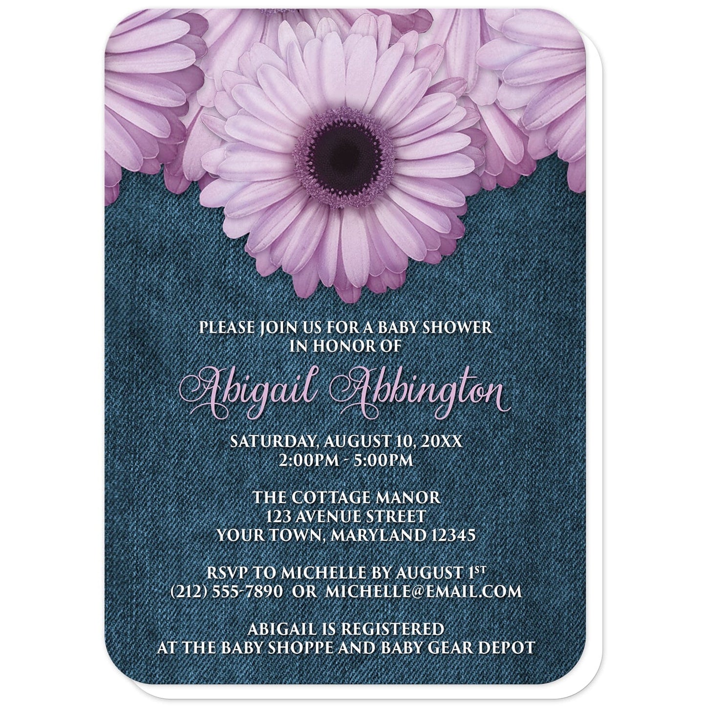 Rustic Purple Daisy Denim Baby Shower Invitations (with rounded corners) at Artistically Invited. Rustic purple daisy denim baby shower invitations designed with large and lovely purple daisy flowers along the top over a country blue denim illustration. Your personalized baby shower celebration details are custom printed in a whimsical purple script font for the name and the remaining details are represented with an all-capital letters white font on the blue denim background.