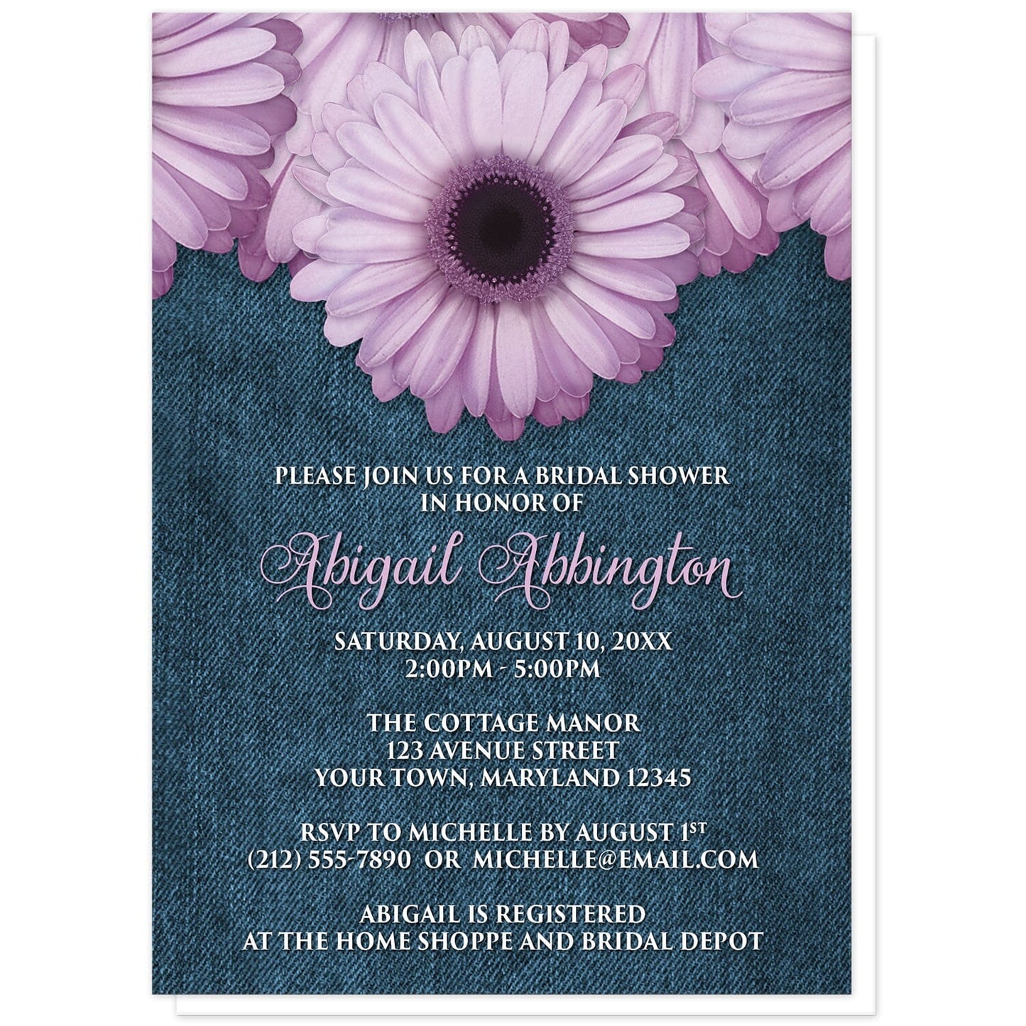 Rustic Purple Daisy Denim Bridal Shower Invitations at Artistically Invited. Rustic purple daisy denim bridal shower invitations designed with large and lovely purple daisy flowers along the top over a country blue denim illustration. Your personalized bridal shower celebration details are arranged in a whimsical purple script font for the name and the remaining details are represented with an all-capital letters white font on the blue denim background.
